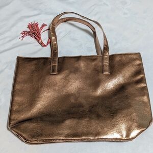 NWOT Bronze Metallic Faux Leather -Snap Shut Tote Bag w/ Bright Floral Lining